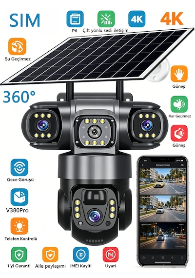 Güneş Enerjili 3 Kameralı Güvenlik 4k Mobil Uygulama İle 3 Kamerayı Kolayca Yönlendirin 3 Ptz