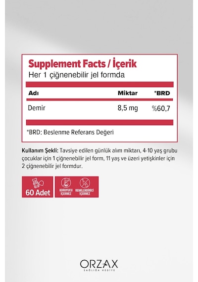 Orzax Ocean Gummies Iron Extra 60 Çiğnenebilir Jel - 17 Mg Demir İçeren Takviye Edici Gıda