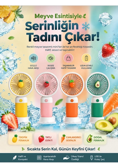 T300 Meyve Temalı Kırmızı Şarjlı Mini El Fanı