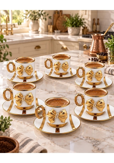 Valkyrie Petek Serisi 6 Kişilik 12 Parça Beyaz Gold Detaylı Türk Kahvesi Fincan Seti Porselen 90ml Beyaz Altın