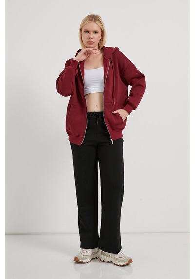 Armalife 2501 Fermuarlı Kapşonlu Oversıze Üçiplik Şardonlu Kadın Sweat Bordo