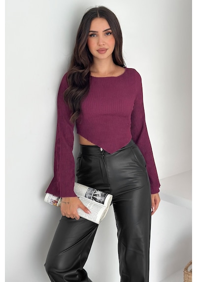 Noa & Noa İspanyol Kol Ribanalı Sivri Etek Uçlu Crop Bluz Modern & Vücuda Oturan Stil Bordo