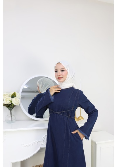Caddebostan Moda Lacivert Denim Çift Bağcık Detaylı Uzun Kot Jean Tesettür Elbise