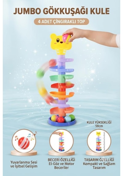 Gökkuşağı Kule 8 Katlı Eğitici Top Yuvarlama Oyuncağı 4 Çıngıraklı Toplu 8 Katlı Oyuncak Kule