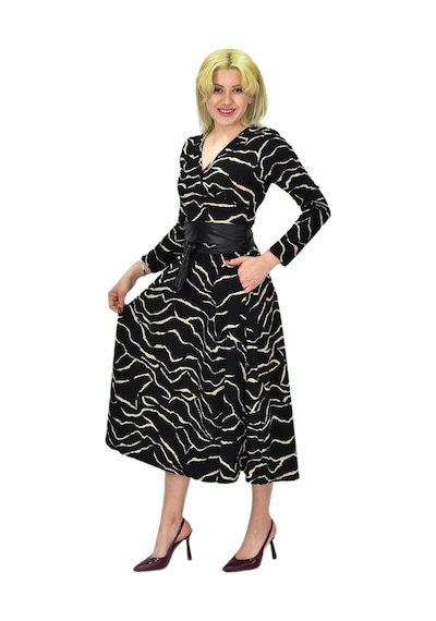 Kadın Krep Zebra Desenli V Yaka Elbise Bgl-st03537 001