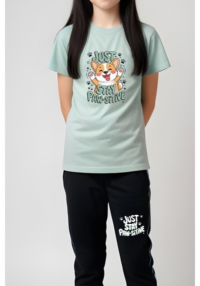 Panios Kids Just Stay Paw Baskılı Kız Çocuk Tişört Ve Eşofman Alt-üst Takım Mint Yeşili