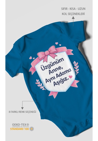 Morivokids Üzgünüm Anne Aynı Adama Aşığız Kısa Kollu Bebek Body %100 Pamuk Koyu Mavi