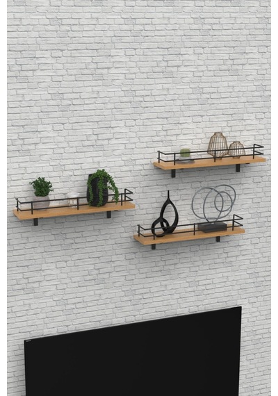 Modern Tasarımlı Metal Korkuluklu Ahşap Duvar Rafı Üçlü Safir Meşe