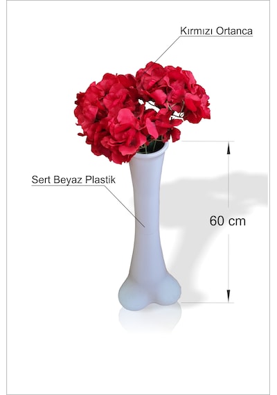 Kaliteli Düz Beyaz Konik 60 Cm Vazo Büyük Kırmızı Ortanca Çiçek