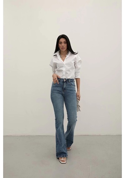 Dark Blue Premium Yüksek Bel Bronz Düğmeli İspanyol Paça Jeans Mavi