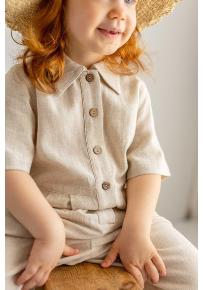 Oliven The Kid Oliventhekid Bej Naturel Keten Önden Düğmeli Beli Pileli Kısa Kol Kız Çocuk Tulum Bej Bej