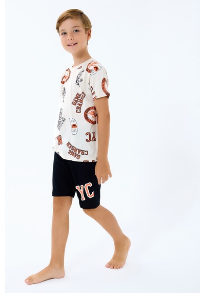 Rolypoly 3731 %100 Pamuk Erkek Çocuk Kısa Kol Cepli Bermuda Şort Pijama Takımı Bej