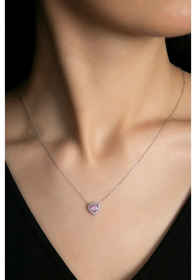 Swarovski Pembe Kalp Taşlı  S Model Gümüş Kolye