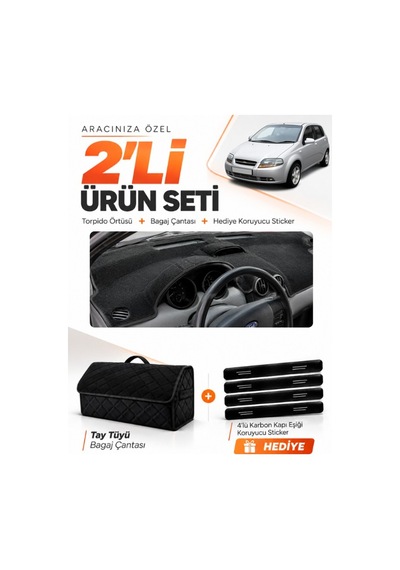 E-biz Chevrolet Kalos 2009-2013 Uyumlu Torpido Örtüsü + Tay Tüyü Bagaj Çantası - Siyah - Ch004