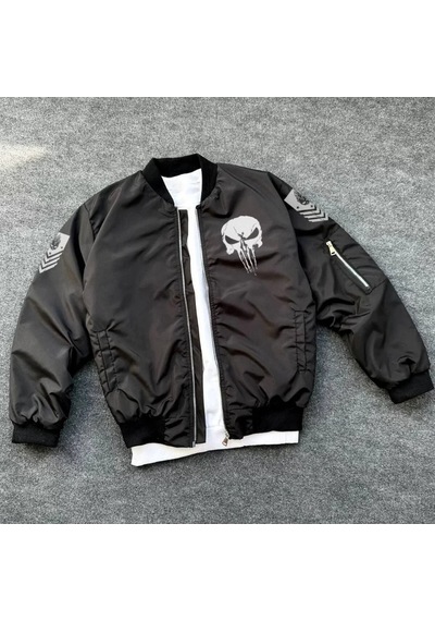 Etiler Collection Unisex Uzun Kol Kuru Kafa Baskılı Bomber Ceket - Siyah