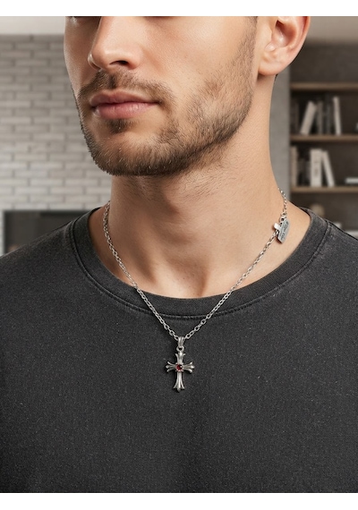 Erkek Haç Kolye Gümüş Renk Metal Zincir Kolye Gotik Tarz Şık Unisex Kolye Hc96 Gri