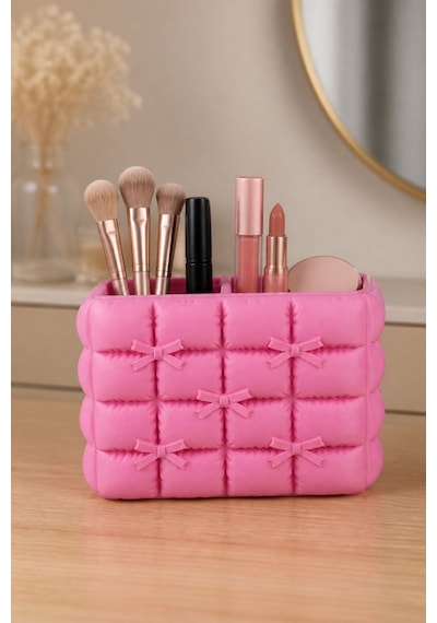Fiyonk Detaylı Puffy Masaüstü Organizer 3d Baskı Makyaj Ve Kalemlik Düzenleyici Pembe - Pembe