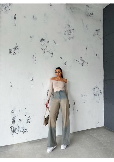 Zeo Basic Denim Baggy Pantolon Yandan Çapraz Dikişli Bej Tintli Bej