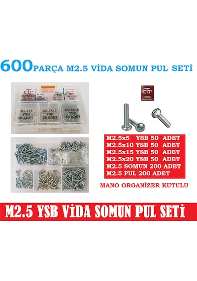 M2.5 Vida-Somun Seti Ysb 600 Parça M2.5 Vida Boylar 5-10-15-20 MM