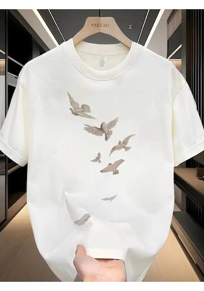 Genel Markalar 20/1 Penye Compack Özgür Kuşlar Baskılı Oversize Bisiklet Yaka T-shirt - Beyaz - Renkli