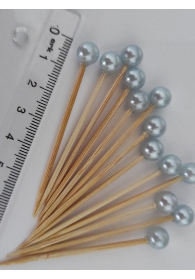 50 Adet Dekoratif Bebe Mavisi Yuvarlak İncili Pasta Kürdanı 6,5 Cm-boncuk 8 Mm - Mavi Pasta Kürdanı
