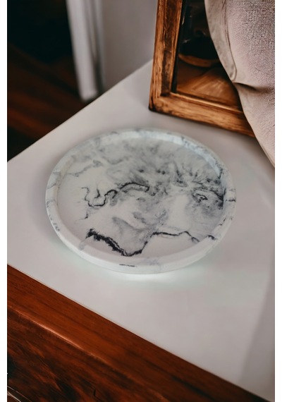 Marble Serisi Çok Amaçlı Beton Yuvarlak Sunum Tepsisi,takı Tabağı Gri