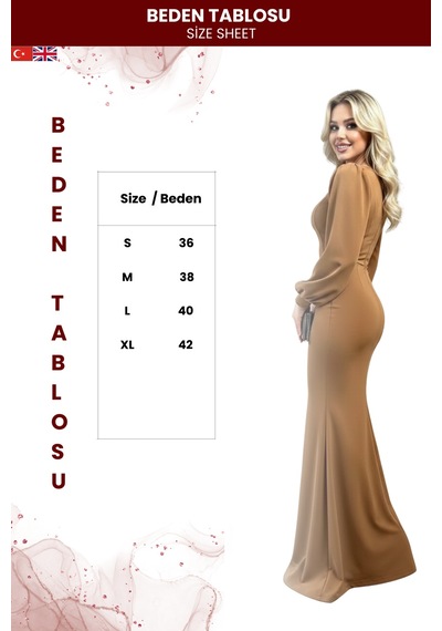 Zedefx Kadın Balon Kollu Uzun Balık Elbise Kahverengi