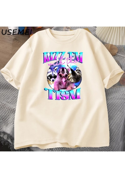 Flood Of Style Rizz Em İle Tism Komik T Shirt Erkekler Vintage Rakun Bootleg T-shirt Otizm Tees Kısa Kollu P Haki
