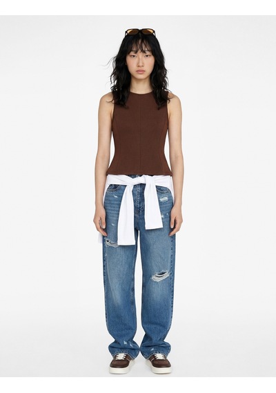 Koton Pamuklu Slim Fit Kolsuz Bisiklet Yaka Bluz Kahverengi 6sal30006ık Kahve