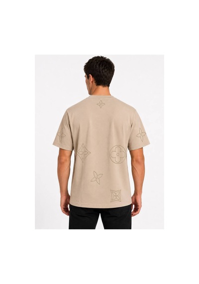 Hzr Wear %100 Pamuk Regular Fit Bisiklet Yaka Kısa Kollu Kabartma Baskılı Erkek Tişört Bej
