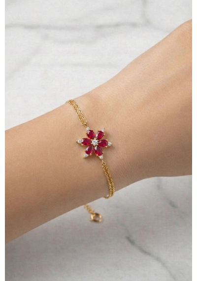 Çekirdekjewelry 926 Ayar Gümüş Kırmızı Taşlı Lotus Bileklik Sarı