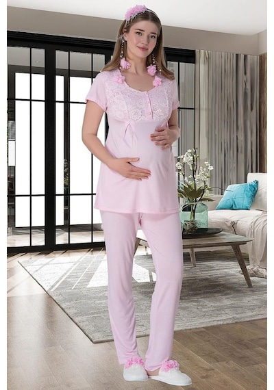 Mecit Pijama Mecit 6060 Bayan Pembe Sabahlık Gecelik Pijama Hamile Lohusa Set 001