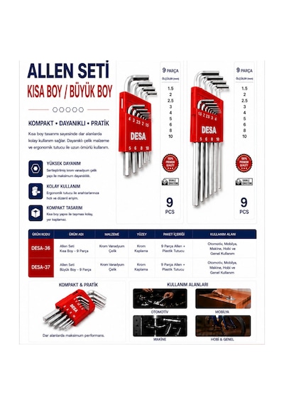 9 Parça Uzun Boy Alyan Allen İmbus Anahtar Seti L Tip Cr-v Çelik