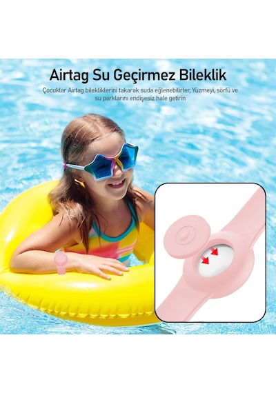 Lexroo Buff Tagsafe Çocuk Bileklik Silikon Airtag Uyumlu Kılıf Saat Hafif Su Geçirmez Pembe Standart