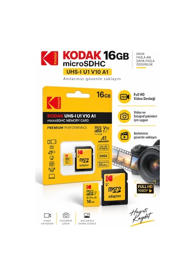 16gb Microsdhc Hafıza Kartı Uhs-ı U1 V10 A1 Class 10 85 Mb/s Full Hd Destekli Sd Adaptörlü