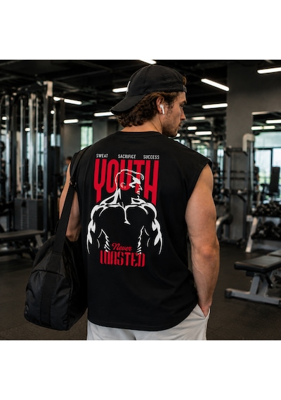 Urbantrendstore Baskılı Premium Sporcu Atleti Gym Tişört %100 Pamuklu T-shirt Açık Siyah