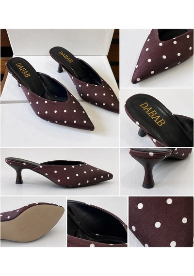 Dabab Shoes Sevılla Puantiye Desenli Acı Kahve Saten Sivri Burunlu 5 Cm İnce Topuklu Mule Terlik Kahverengi