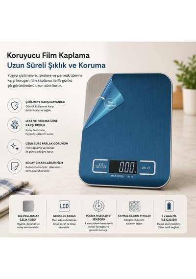 Healtcare Dijital Mutfak Terazisi - Paslanmaz Çelik Yüzeyli Hassas Mutfak Tartısı - Dara İşlevi, Led Ekran, 5 Biri Diğer