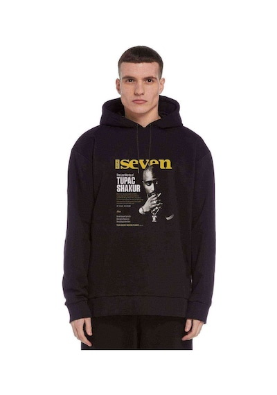 2Pac Seven 7 Baskılı Siyah Erkek Örme Kapşonlu Sweatshirt