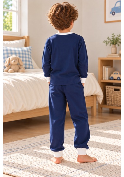 Luess Erkek Çocuk Lacivert Bulut Baskılı Uzun Kollu Süprem Pijama Takımı