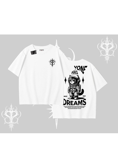 Startmore Startmore Everyone Has Dreams Yazılı Astronot Kedi Arka Baskılı Oversize Tshirt Beyaz