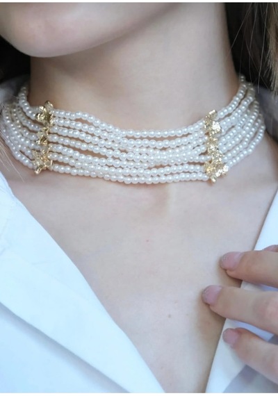 Lunarie Çok Sıralı İnci Choker Kolye 14k Gold Ara Detaylı Vintage Beyaz