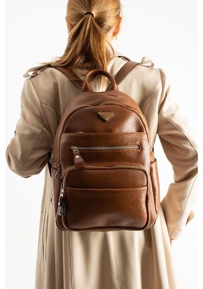 Baginn Vegan Deri Kadın Sırt Çantası 35 25 Cm Yağmur İtici Kumaş Mega Bag Günlük Kullanıma Uygun Taba