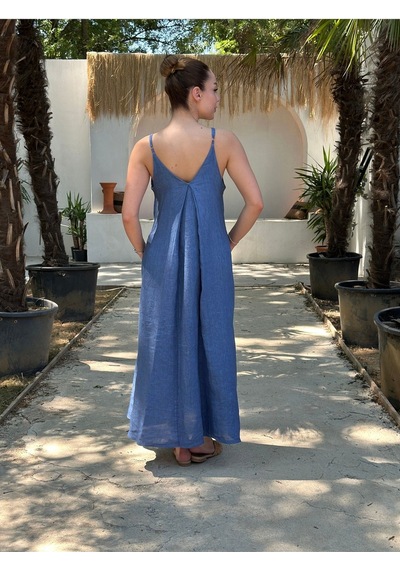 Yazlık Keten Askılı Oversize Elbise Mavi