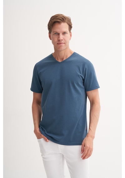 Cazador Slim Fit V Yaka Düz Örme Likarlı Tişört İndigo