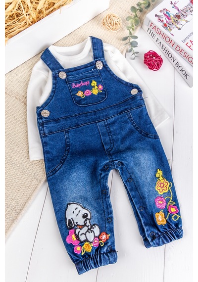 Babymod Çiçek Nakışlı Kot 2'li Kız Bebek Salopet Tulum Lacivert