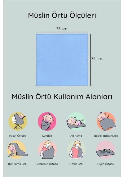 Luckka Dijital Baskılı 3'lü Müslin Örtü Seti - 75x75 Cm - Zt5000 Mavi Mavi