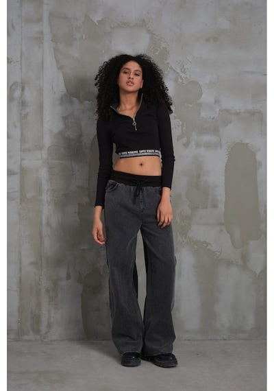 022 Kadın Yan Püsküllü Bol Paça Penye Kot Denim Pantolon Kar Melanj