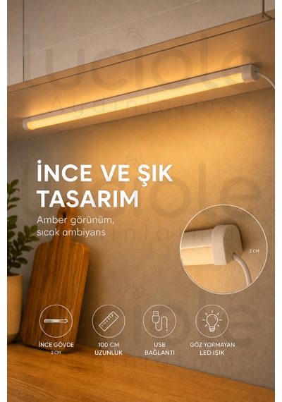 100 Cm Usb Tezgah Altı Led Bar Lamba Amber Işık Aç/kapa Anahtarlı Yapışkanlı Dolap Raf Aydınlatma