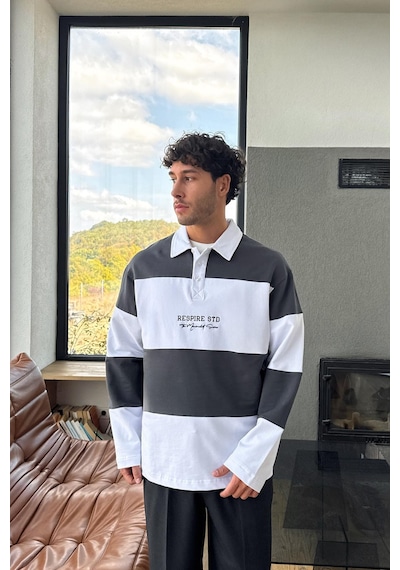 Yazılı Çizgili Polo Yaka Sweatshirt Siyah Siyah